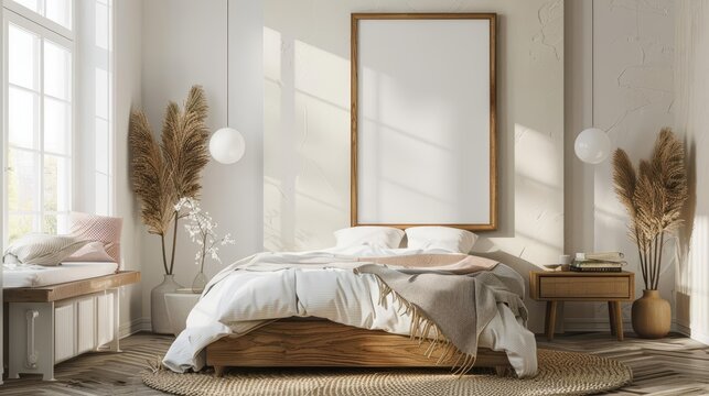 Light bedroom rustic interior becomes more inviting with a blank poster frame, enhancing the relaxed vibe, 3D render sharpen