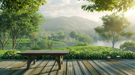 Overlooking the tea plantation, the wooden table provides a serene spot to enjoy the lush green park surroundings, Sharpen 3d rendering background