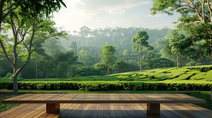 Overlooking the tea plantation, the wooden table provides a serene spot to enjoy the lush green park surroundings, Sharpen 3d rendering background