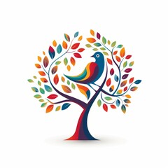 Colorful illustration of a stylized tree with vibrant multi-colored leaves arranged in a gradient, perfect for themes of diversity  white background 
Stylized tree, colorful leaves, diversity, bird