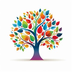 Fototapeta premium Colorful illustration of a stylized tree with vibrant multi-colored leaves arranged in a gradient, perfect for themes of diversity white background Stylized tree, colorful leaves, diversity, growt