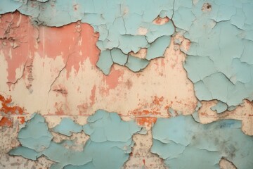 Textured close-up of a decaying wall with peeling light blue and orange paint, showcasing the...