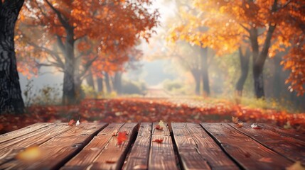 Naklejka na ściany i meble Set in an autumn color landscape, the wooden table harmonizes with the unfocused autumn morning behind, creating a picturesque setting, Sharpen 3d rendering background