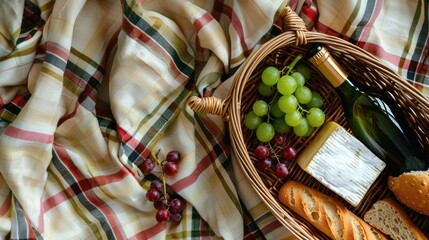 Obraz premium A picnic featuring a bottle of wine, grapes, cheese, bread, and a glass of wine, all laid out on a tartan blanket. The natural foods complement the plantbased recipe perfectly AIG50