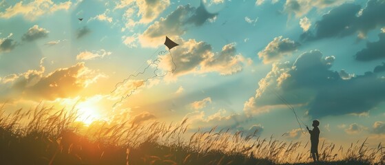Silhouette of a kite flyer on a windy hill, with the kite dancing against the backdrop of a vast sky, Sharpen closeup highdetail realistic concept good mood tone