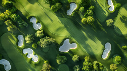  artistic aerial view of a golf course with sand bunkers shaped like art, vivid, realistic