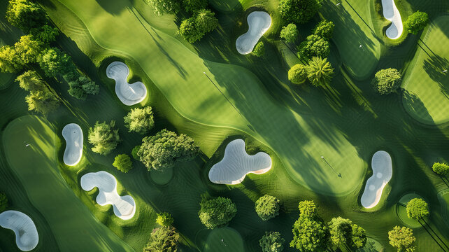  artistic aerial view of a golf course with sand bunkers shaped like art, vivid, realistic