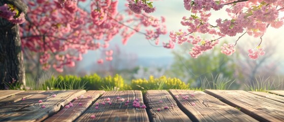 Surrounded by cherry blossom flowers, the wooden table provides a peaceful setting for a springtime meal, Sharpen 3d rendering background