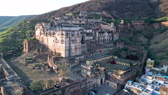 Bundi city, Taragarh Fort from drone, India from the air