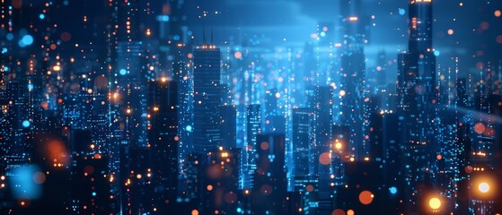 Obraz premium The Background of an abstract modern megacity depicts towering skyscrapers with lights that shimmer like stars in a night sky, Sharpen 3d rendering background