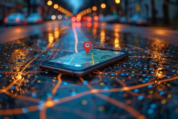 Point on smartphone with gps navigator icon and map on blur traffic road abstract background.