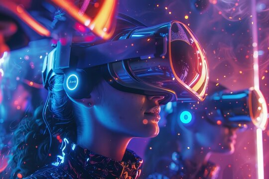 The banner background for a virtual reality gaming event features players immersed in different digital worlds