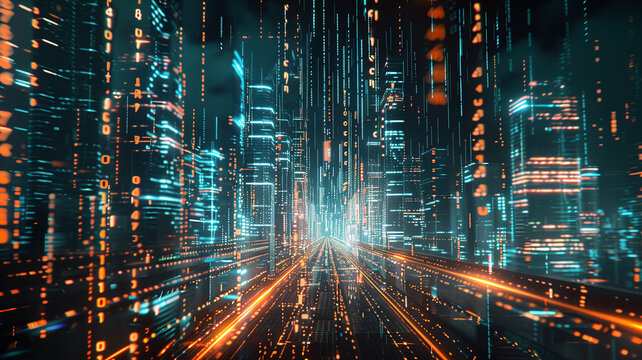 A binary code pattern forming a futuristic cityscape, highlighting the potential of technology