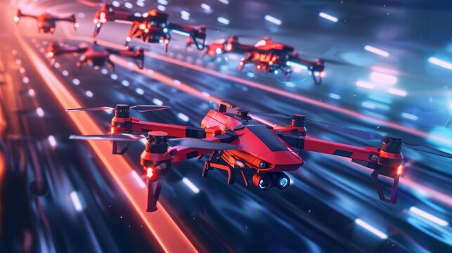 The banner background for a drone racing competition displays highspeed drones navigating through complex courses