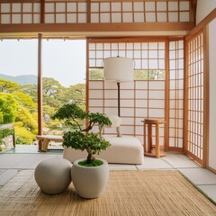 Japandi minimalist interior design of modern living room, home.