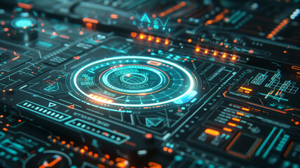 Fototapeta premium A close-up shot of a futuristic user interface with glowing symbols and holographic buttons