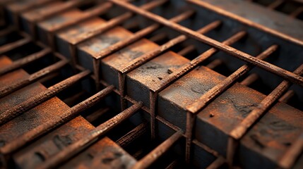 Generate a close up, high quality, photo-realistic image of a rusty metal grate with a shallow depth of field.