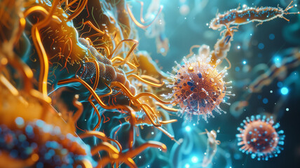 A close-up shot of a nervous-looking bacterium facing a swarm of approaching nanobots
