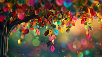 Colorful tree with hanging branches and vibrant leaves, an artistic and whimsical illustration ideal for seasonal and festival celebrations.