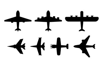 A collection of airplane shapes. Silhouette icons of commercial airplanes, passenger planes, jet planes, cargo planes, fighter planes. Black and white plane vector