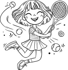 Cartoon girl tennis player. Kids physical education, children sport activity, isolated outline vector illustration
