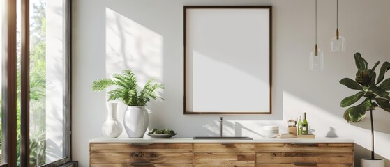 The rustic cabinets against a white wall are complemented by a photography frame mockup, adding warmth to the space, 3D render sharpen