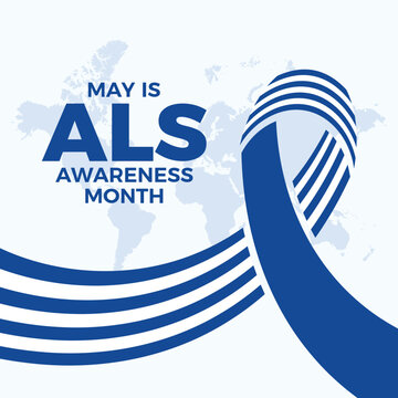 May is ALS Awareness Month poster vector illustration. White and blue pinstripes awareness ribbon icon. Amyotrophic lateral sclerosis symbol. Template for background, banner, card. Important day