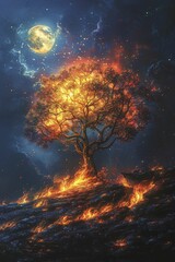 Capturing the mesmerizing dance of flames and colors as fire envelops a tree under the nocturnal sky.
