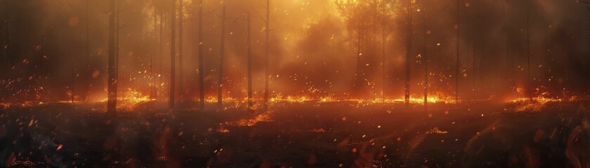 An intense forest fire blazes with glowing embers and thick smoke, creating a smoky and fiery scene up close.