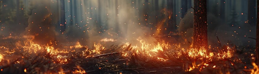Capturing the raw power of a raging forest inferno, the close-up reveals glowing embers and billowing smoke in vivid detail.