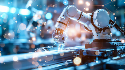 A sleek and futuristic robot arm assembling a product with precision