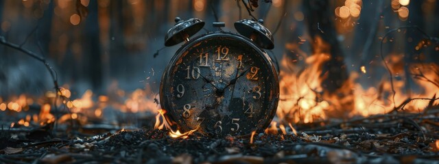 An evocative installation captures the urgency of timing during firefighting and recovery efforts with a charred clock amidst a forest.