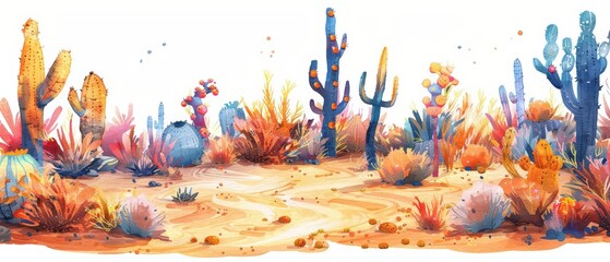 This cyber watercolor painting visualizes a desert with strange, glowing cacti and bioluminescent sand, Clipart isolated on white background strange style hitech ultrafashionable