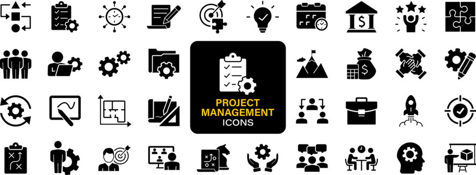 Project management set of web icons. Business or organisation management icons for web and mobile app. Time management, planning, project, startup, marketing. Solid vector icons collection