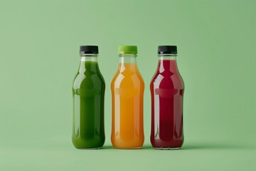 glass bottles filled with vibrant green, orange, and red juices against a pastel green background showcase a refreshing choice for health-conscious consumers
