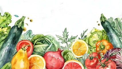 Watercolor illustrations of a variety of fresh vegetables and fruits. Concept Fruits, Vegetables, Watercolor Illustrations, Fresh Produce, Artistic Rendering
