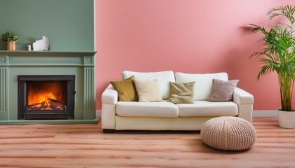 Sofa and pouf against pink wall with fireplace. Minimalist interior design of modern living room, home.