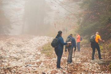 A diverse group of hikers making their way up a challenging rocky trail, surrounded by stunning...