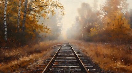 Minimalist Autumn Railway Tracks Disappearing into Misty Horizon