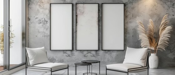 A 3D mockup frame accents a minimalist modern interior, enhancing the sleek, clean aesthetics, 3D render sharpen