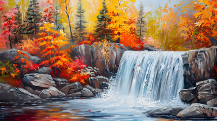 Minimalist Autumn Waterfall Cascading over Colorful Foliage Lined Cliff