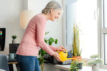 Closeup, senior woman watering plant, caring to home flower pot at balcony