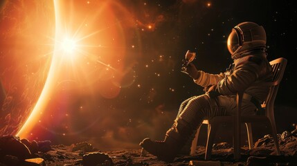 An astronaut in a relaxed pose savors a wine glass against the intense backdrop of a blazing cosmic sun Suggests the thrill of the vast unknown