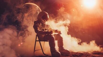 A surreal portrayal of an astronaut in full gear sitting on a chair taking a break with a drink amidst Mars' scenery