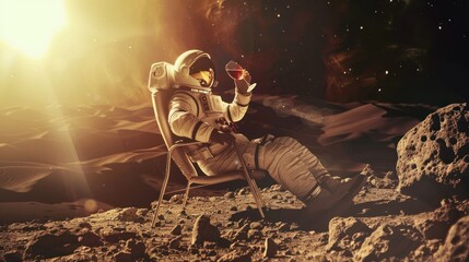 In this imaginative depiction, an astronaut sits on a chair enjoying a glass of wine on a barren, rocky extraterrestrial landscape