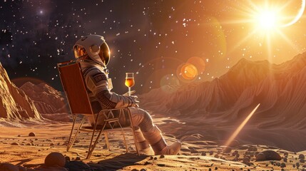 Against a backdrop of mountainous terrain and a starry sky, an astronaut holds a wine glass enjoying a tranquil moment
