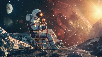 An astronaut sits on a foldable chair on the moon's surface, enjoying a glass of wine against a cosmic backdrop