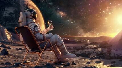 Calmness surrounds an astronaut leisurely sipping wine on a chair, gazing at the stars from an alien world