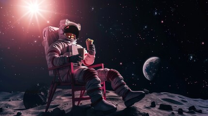 An astronaut in gear enjoys a leisure moment with snacks and drink, overlooking Earth from a distant moon