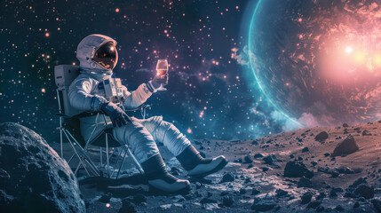A contemplative astronaut holds a wine glass, sitting before the hypnotic backdrop of a nebula and celestial bodies Symbolizes solitude and wonder